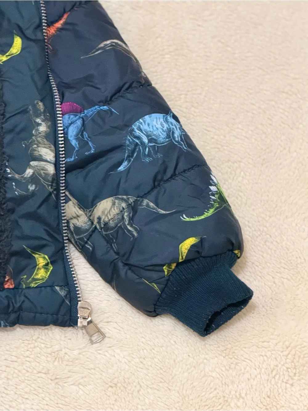 Children's Navy Blue Dinosaur Puffer Jacket with Hood
